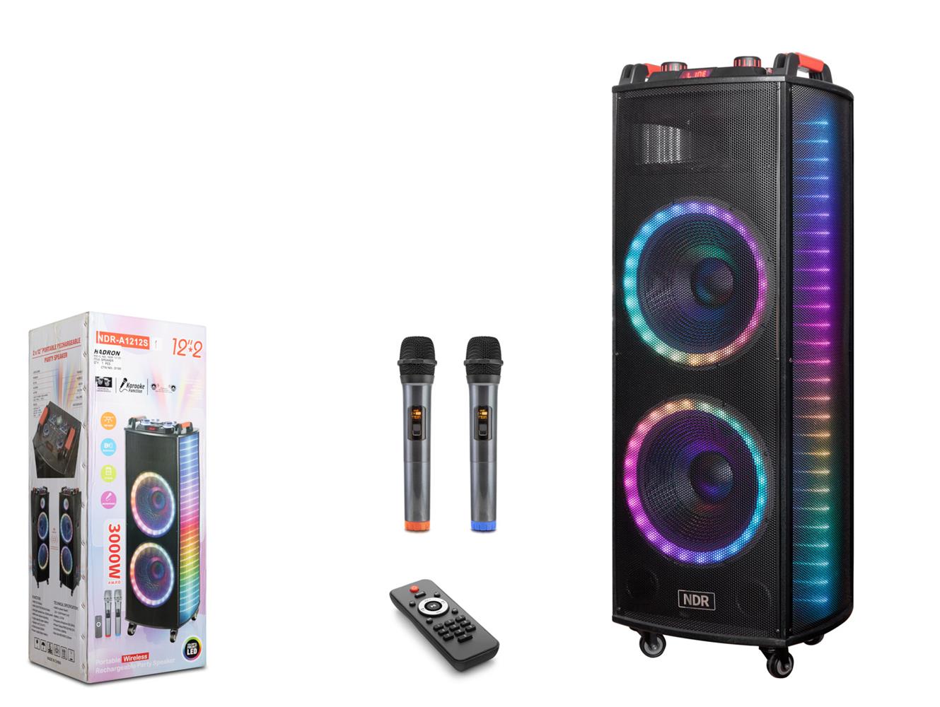 Kruxon NDR1212S 12" Bluetooth Speaker Mikrofonlu Uzaktan Kumandalı 2x12" 400-330-1090MM