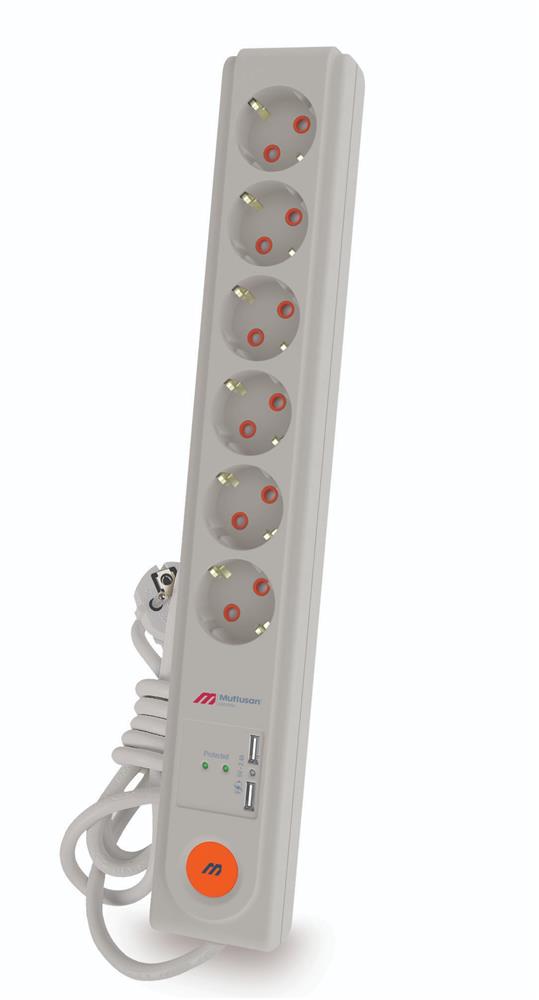Mutlusan Rı-Tech 6lı 1,5mt  Şok Koruma USB+TYP-C ANAHT. Topraklı Grup Priz (Ç.K.)(3X1.5 1.5 MT)