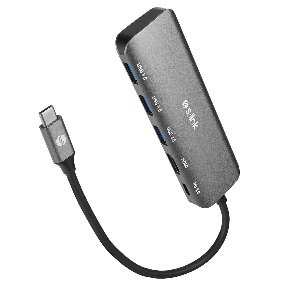 S-link SWV-USBC030 HDMI 4K 30Hz Gri Metal Type-C to 3-USB3.0 6 in 1 1xPD Şarj, 1xUSB-C Adaptör