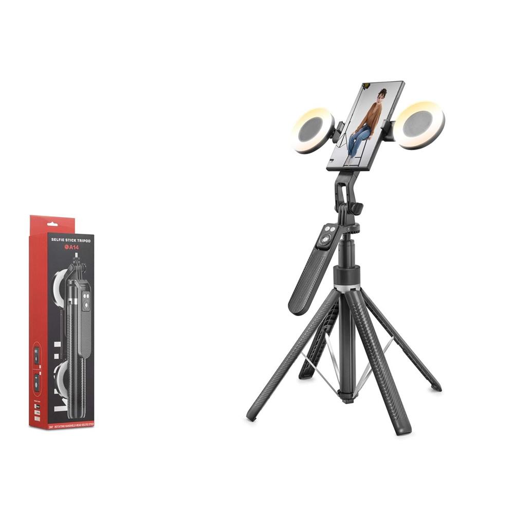 Kruxon Nd1032 Tripod Selfie Çubuğu - Bluetooth 4.2 Işıklı Uzaktan Kumandalı 180Cm Siyah