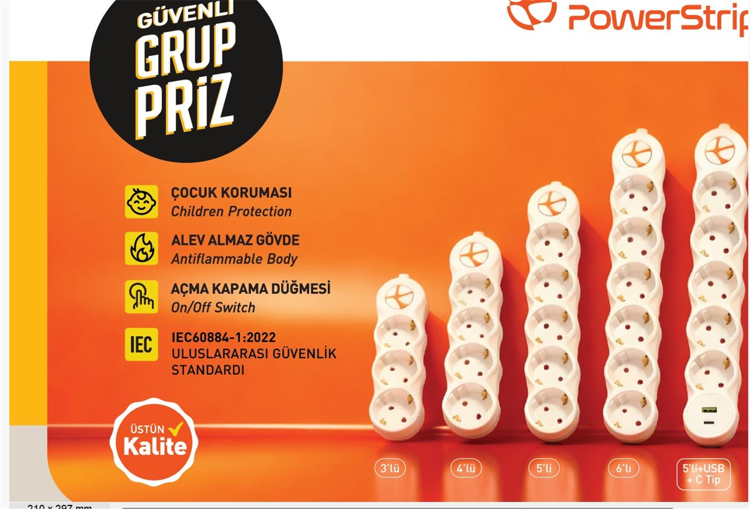 TUNCMATIK POWERSTRIP4 4 lü 3m IEC 66884-1:2022 Standartı, FR(Alev Almaz)anahtarlı grup priz