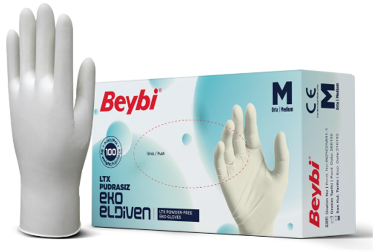 Beybi Lateks Pudrasız Eko (M) Medium Beden Muayene Eldiven 100lü Paket 