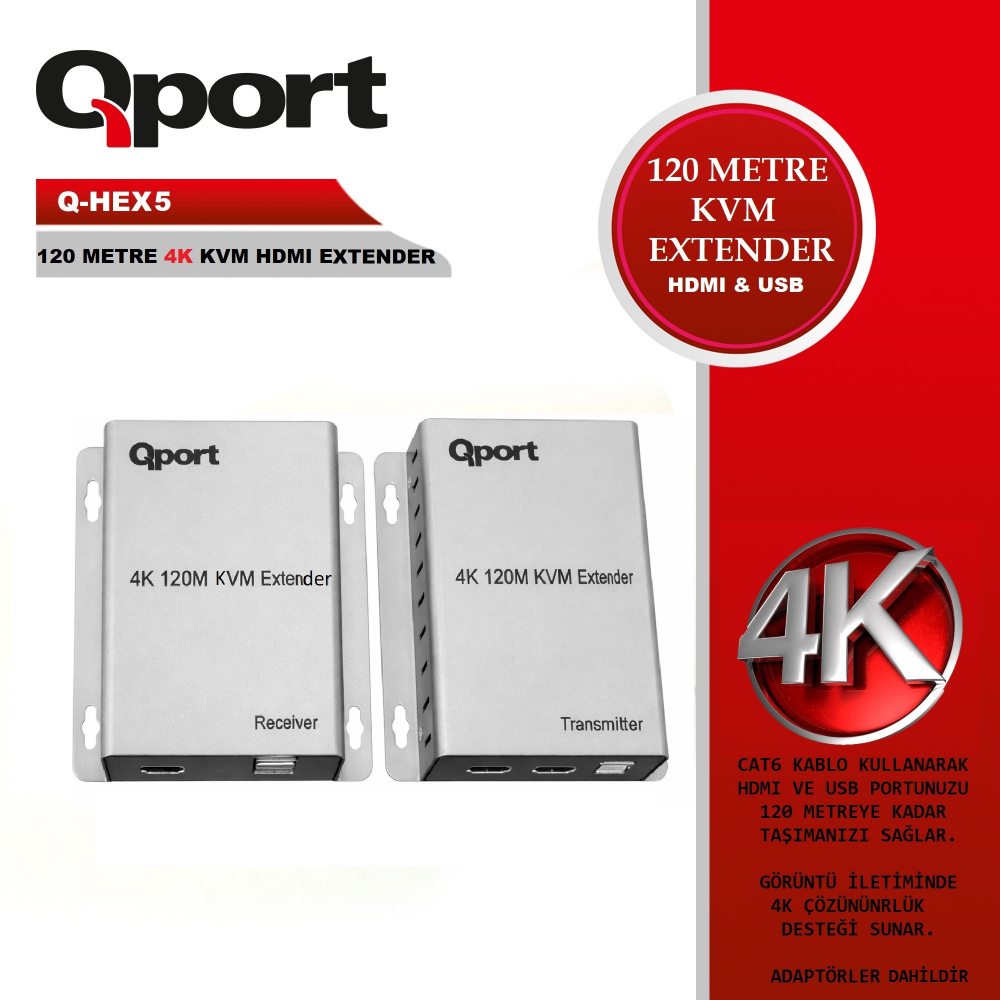 Qport Q-HEX5 KVM 4K Hdmı Extender Cat6 120m 2'li Paket