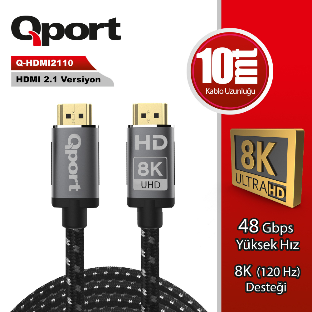 Qport HDMI2110 10m Hdmi Altın Uçlu Örgülü Kablo