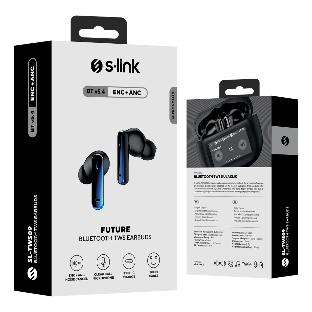 S-link SL-TWS09 Siyah 4Mikrofonlu ENC+ANC Bluetooth V5.4 TWS Gerçek Kablosuz Kulaklık