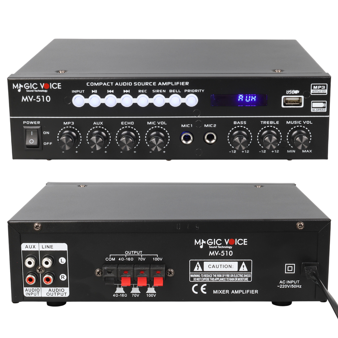 MAGICVOICE MV-510 50 WATT USB/SD/BLUETOOTH 2 MİK.,ECO LU+2SD 2061*2 Lİ UKLI GİRİŞLİ HAT TRAFOLU ANFİ