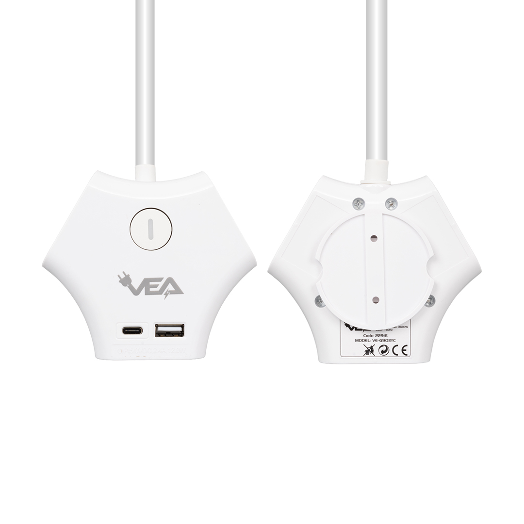 Vea VE-G903YC 3'Lü USB+ Type-C Girişli Anahtarlı 1.5 Metre Grup Priz