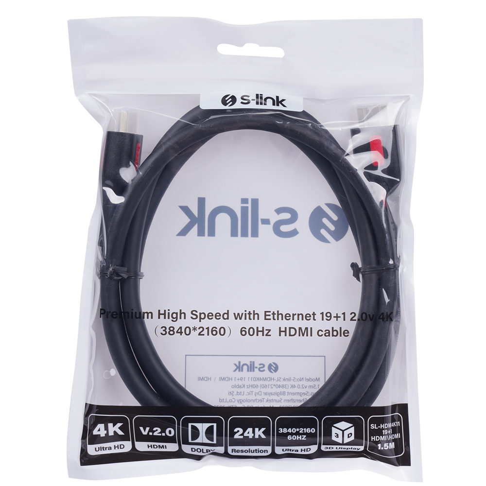 S-Link SL-HDM4K011 19+1  V2.0 4K 60Hz 1.5 Metre Hdmi Kablo