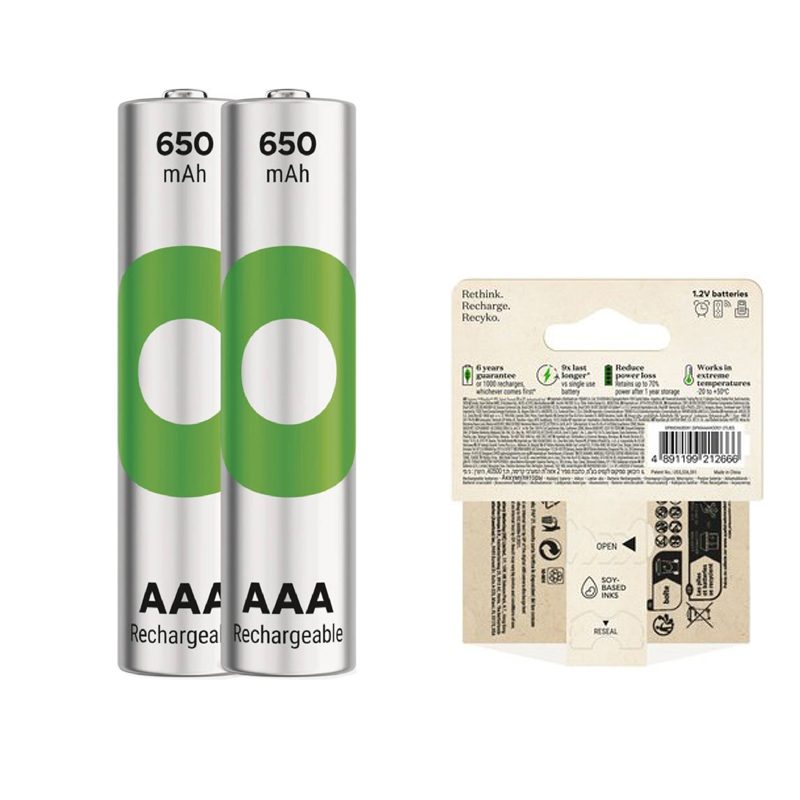 GP Recyko 650 Mah R03 AAA Şarjlı 2'Li İnce Kalem Pil
