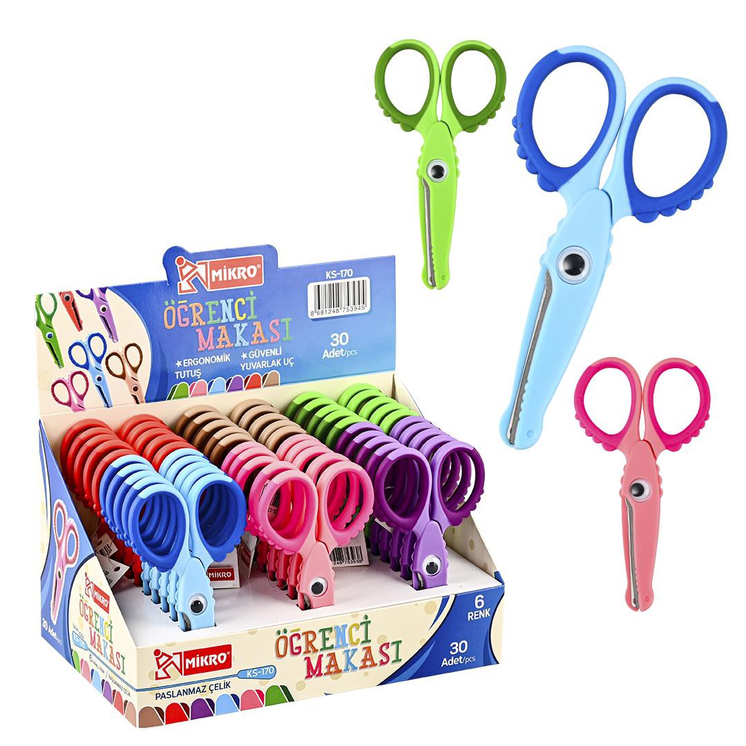 MİKRO KS-170 ÖĞRENCİ MAKASI ÇİFT RENKLİ TİMSAH FİGÜRLÜ 30'LU