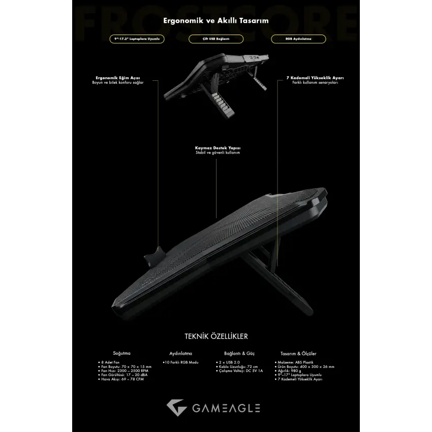 Frostcore X8 RGB 8 Fanlı 10 RGB Modlu 9-17’’ Notebook Soğutucu Stand Laptop Soğutucu