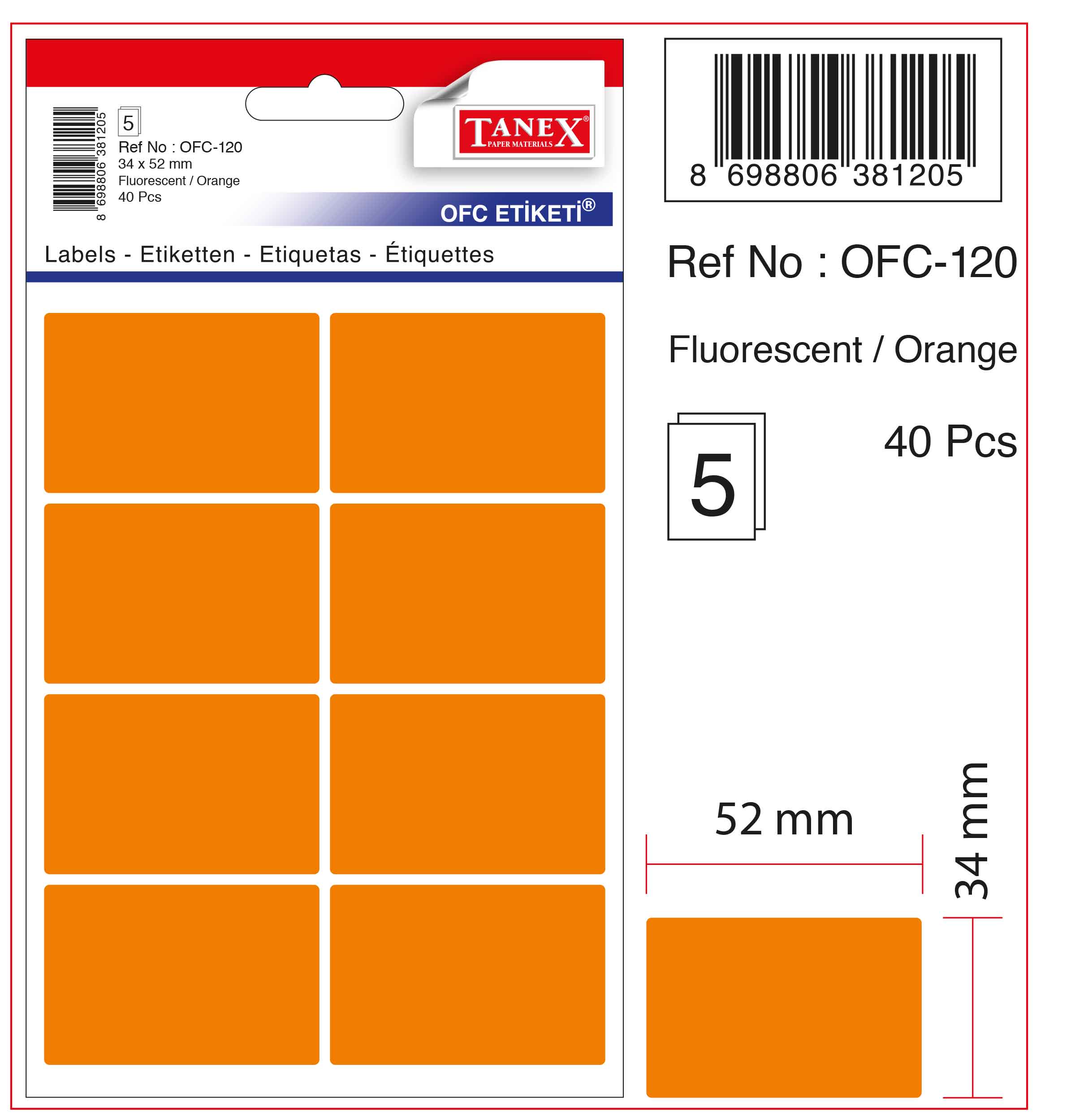 TANEX OFC-120 OFİS ETİKETİ FLO TURUNCU