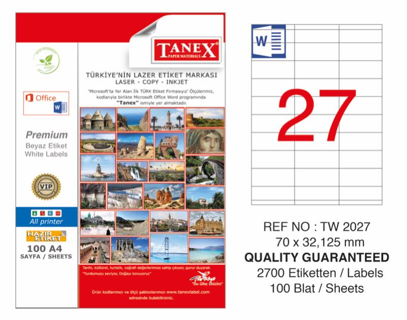 TANEX TW-2027 LAZER ETİKET 70X32,125MM