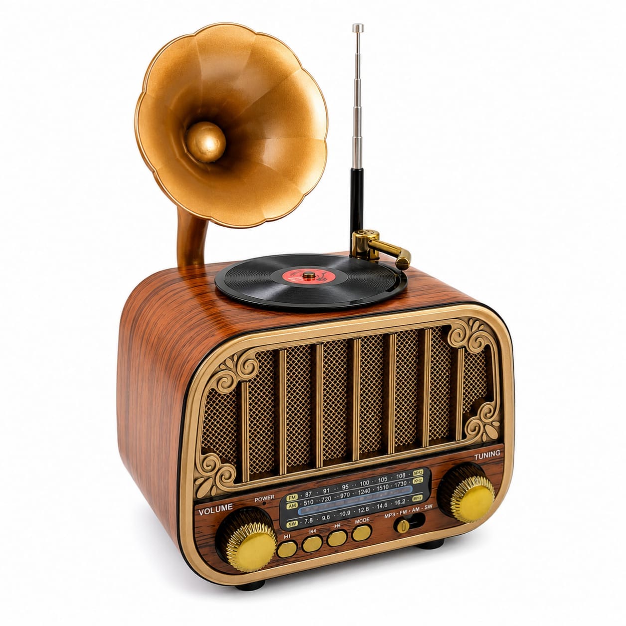 GLR MD-1318BT Nostaljik Plak Çalar Görünümlü Bluetooth Radyo Hoparlör