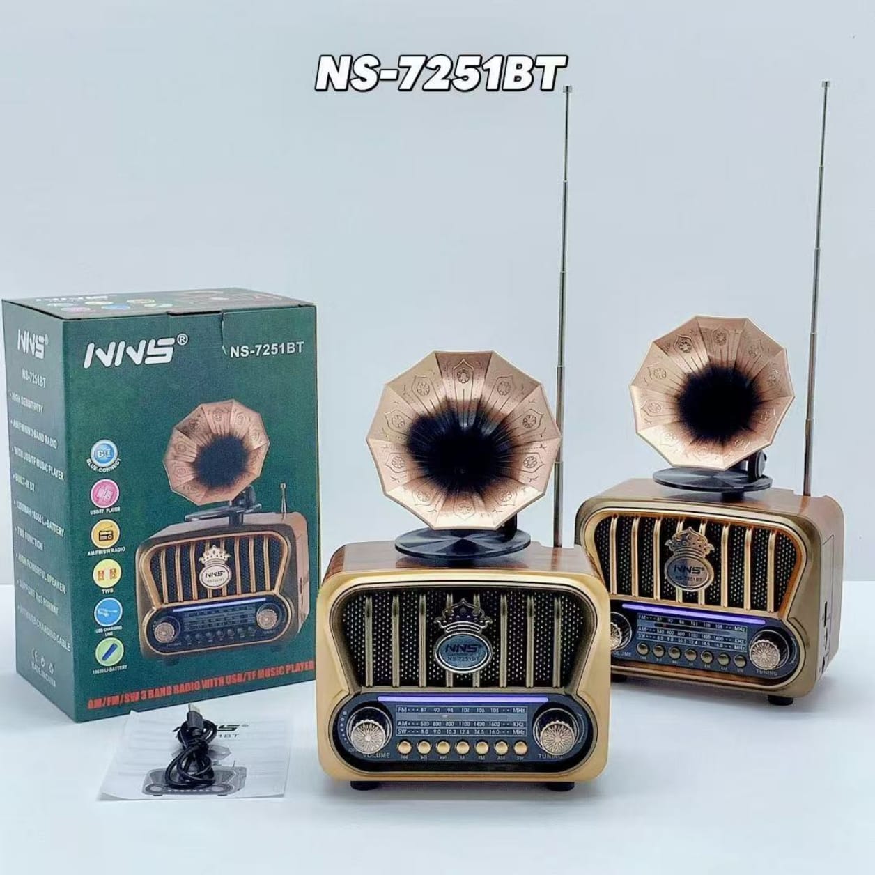GLR NS-7251BT Nostaljik Plak Çalar Görünümlü Bluetooth Radyo Hoparlör
