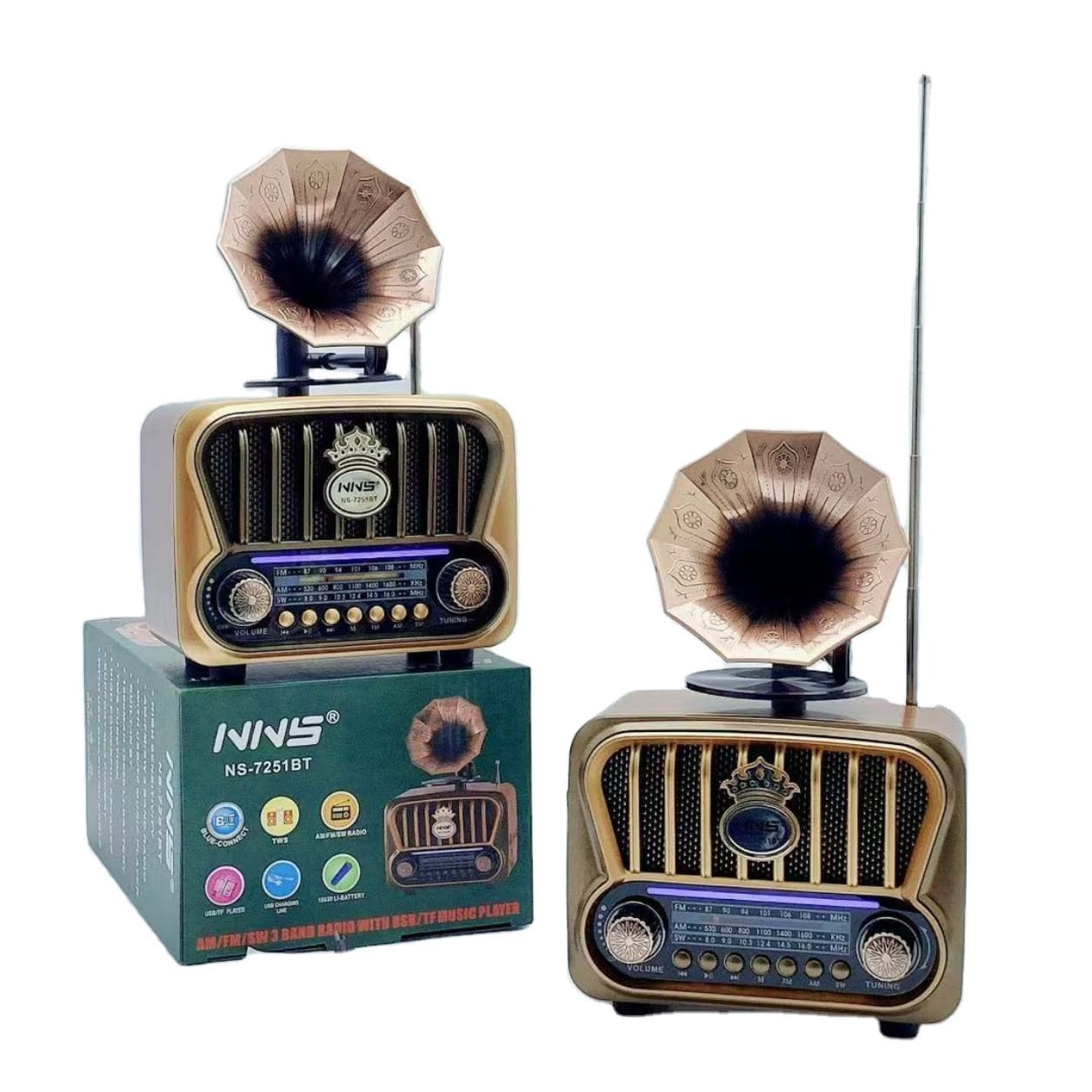 GLR NS-7251BT Nostaljik Plak Çalar Görünümlü Bluetooth Radyo Hoparlör
