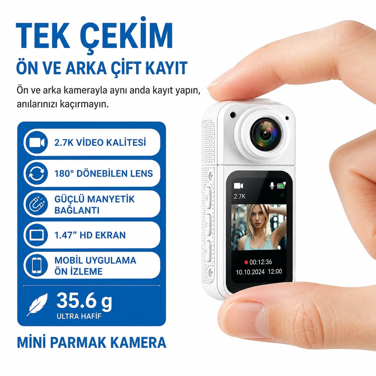 GLR S70 180 Derece Dönebilen 2.7K Mini Parmak Vücut Kamerası