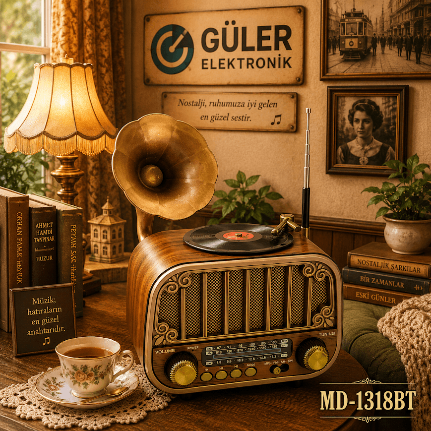 GLR MD-1318BT Nostaljik Plak Çalar Görünümlü Bluetooth Radyo Hoparlör