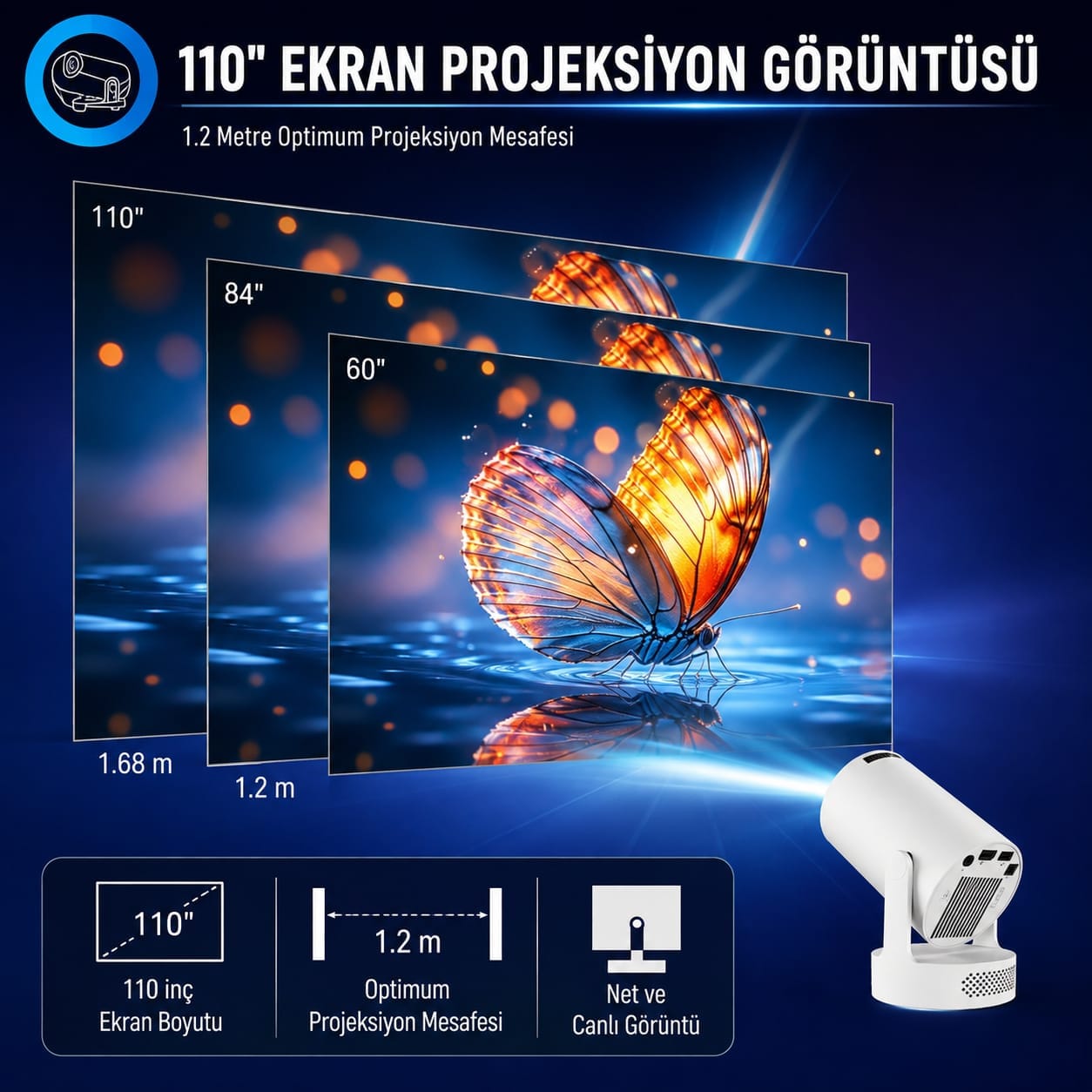 GLR HY300 PRO MAX 180 Derece Dönebilen Android Destekli Şarjlı Projeksiyon