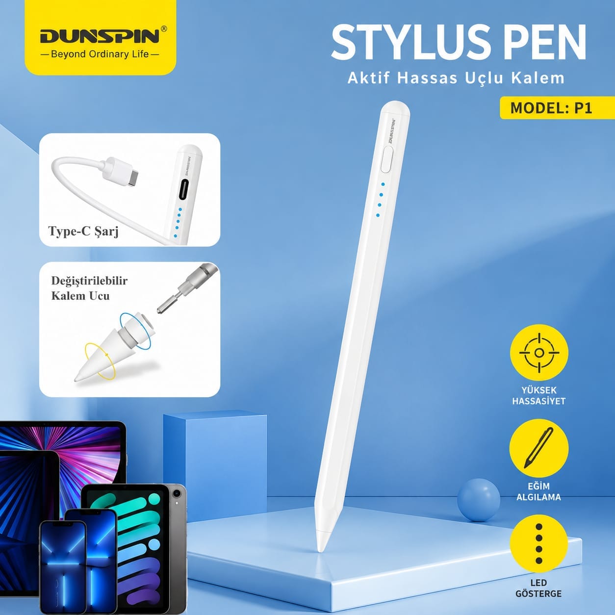 Dunspin P1 Şarjlı Dokunmatik Universal Tablet Kalemi