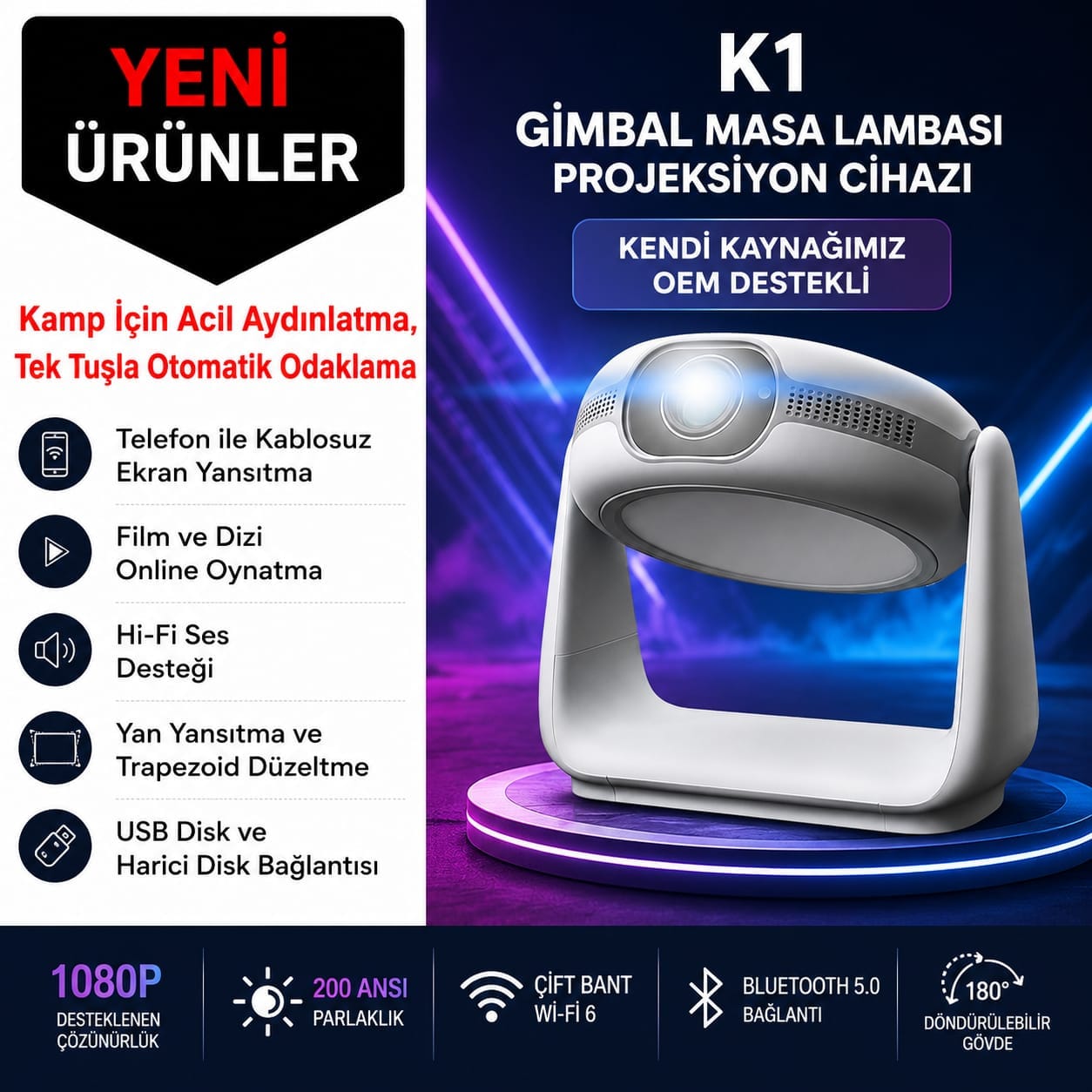 GLR K1 Taşınabilir 270 Derece Dönebilen 4K Android Destekli Projeksiyon