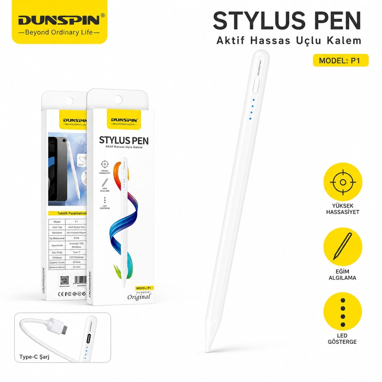 Dunspin P1 Şarjlı Dokunmatik Universal Tablet Kalemi