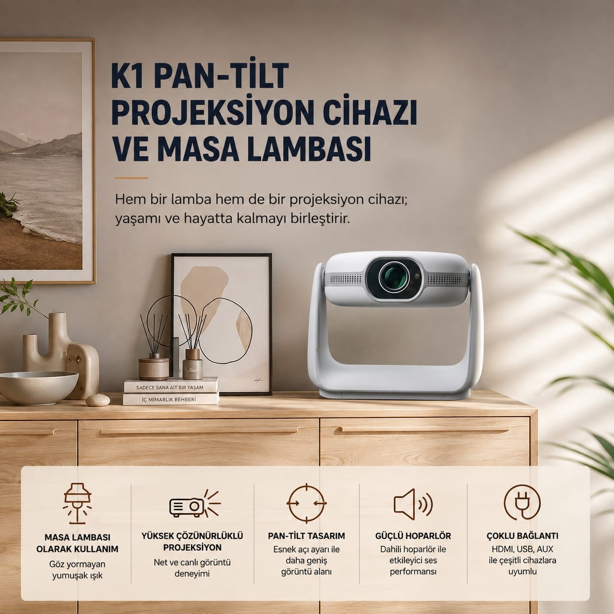 GLR K1 Taşınabilir 270 Derece Dönebilen 4K Android Destekli Projeksiyon