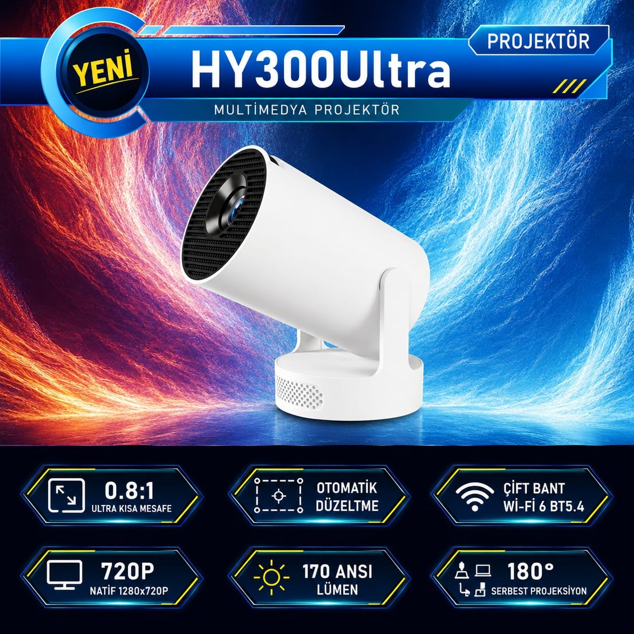 GLR HY300 PRO MAX 180 Derece Dönebilen Android Destekli Şarjlı Projeksiyon