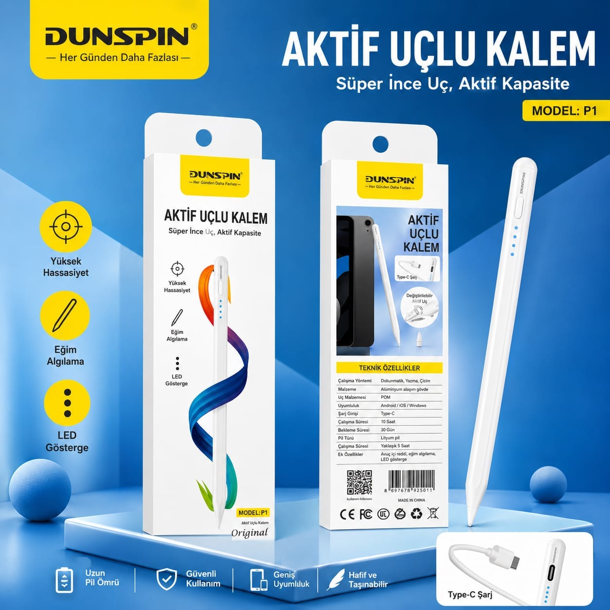 Dunspin P1 Şarjlı Dokunmatik Universal Tablet Kalemi