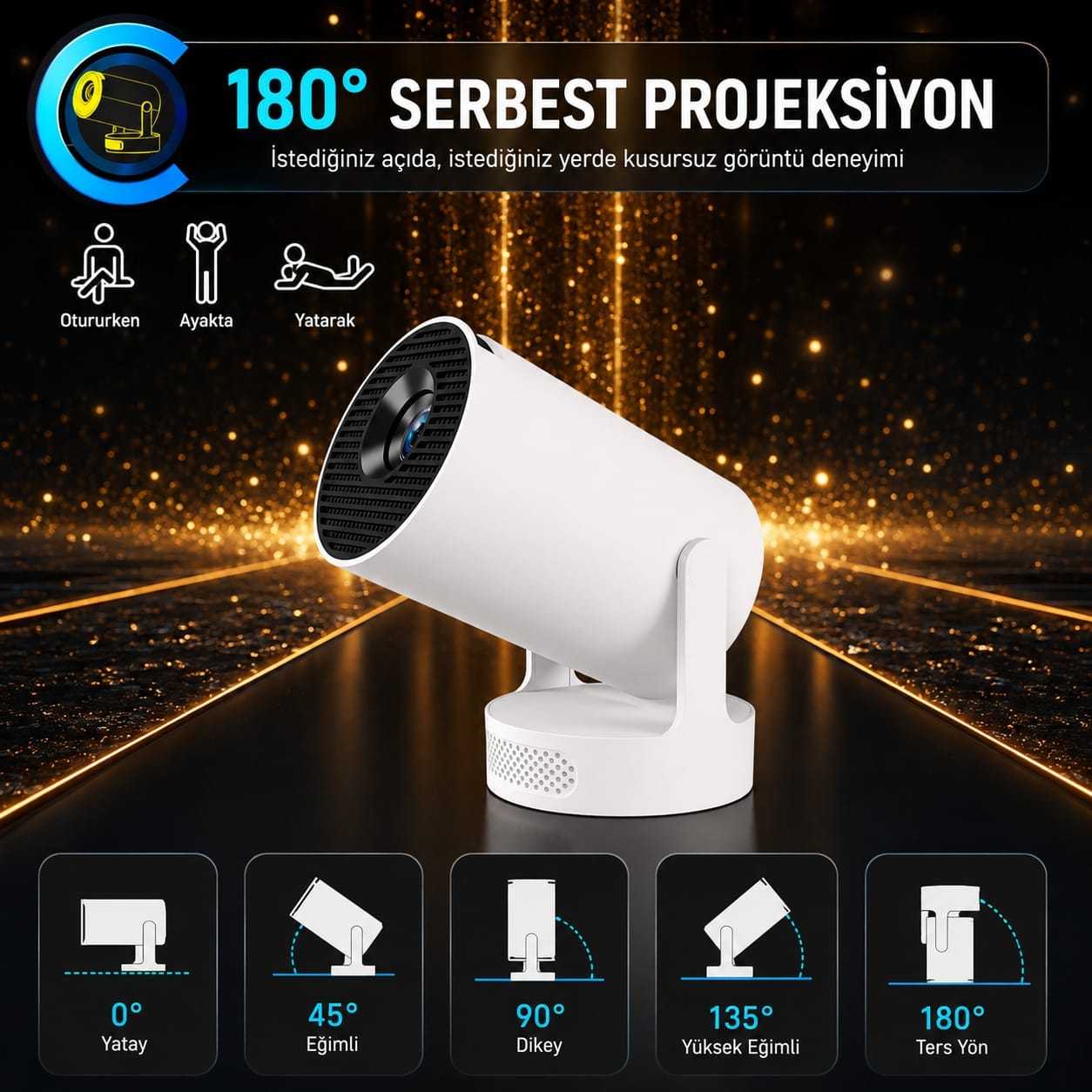 GLR HY300 PRO MAX 180 Derece Dönebilen Android Destekli Şarjlı Projeksiyon