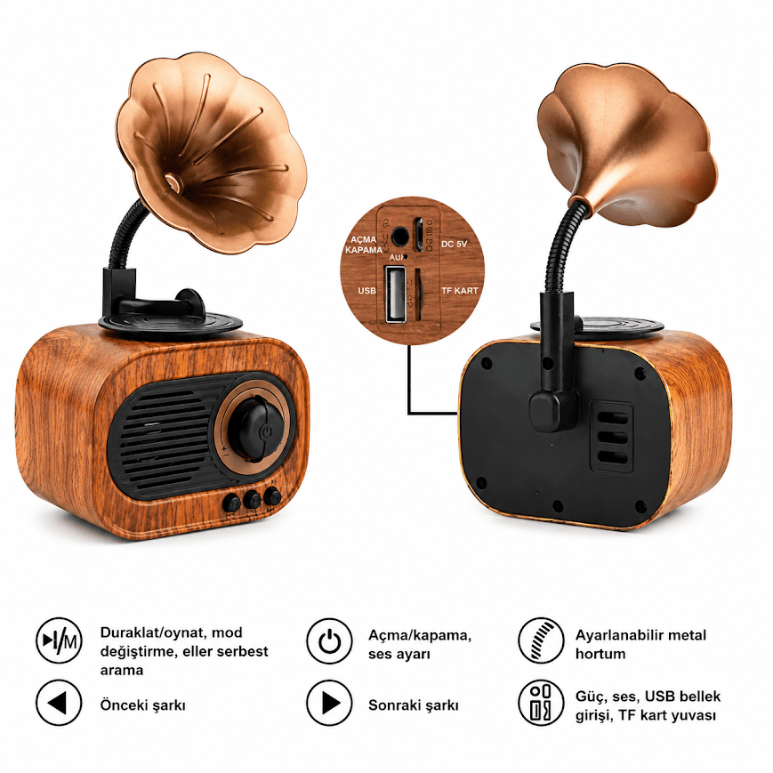 GLR B5 Nostaljik Plak Çalar Görünümlü Bluetooth Hoparlör