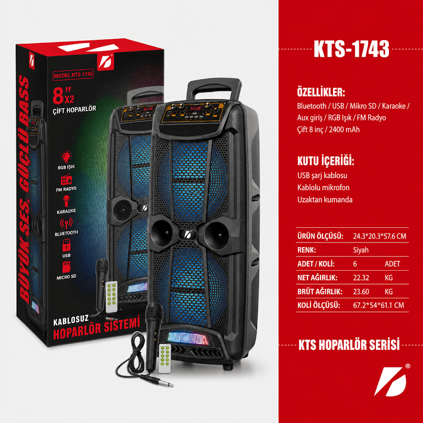GLR KTS-1743 Mikrofonlu Taşınabilir Bluetooth Hoparlör