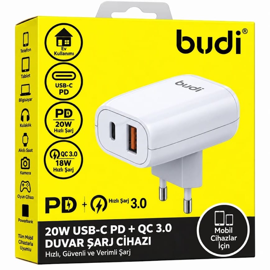 Budi AC339VEW 20W Type-C PD + QC3.0 Hızlı Şarj Adaptörü