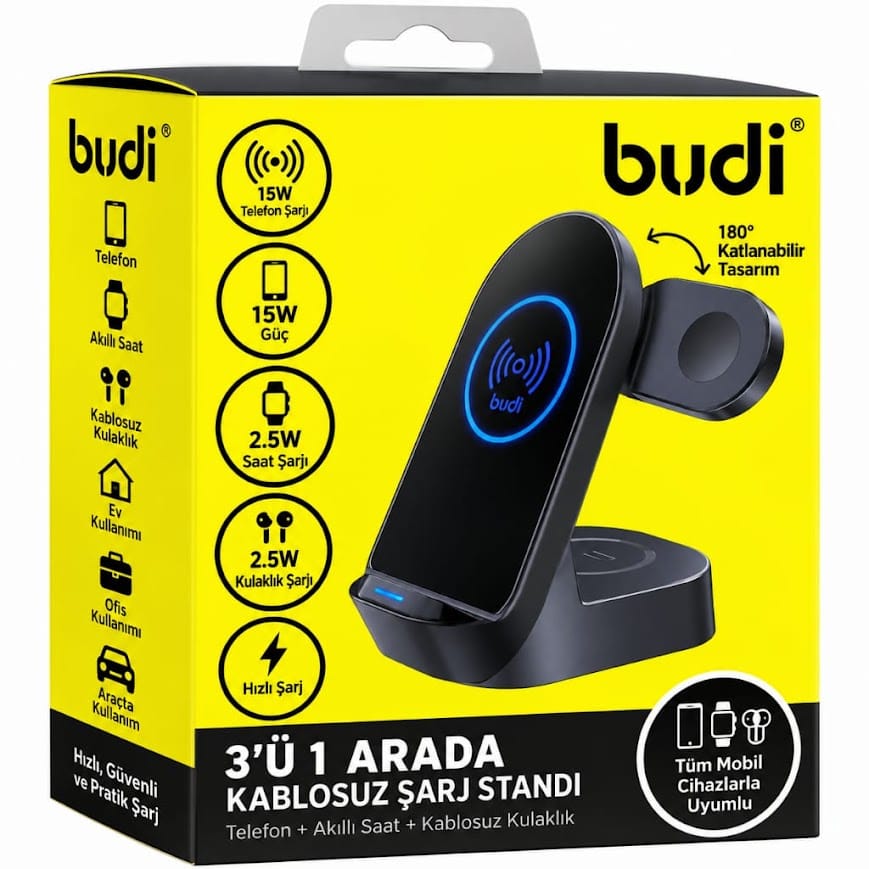 Budi WL4300B 3 Üniteli Masaüstü Kablosuz Hızlı Şarj Standı