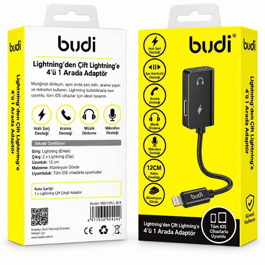 Budi DC139DB Lightning to 3,5 jack ve Lightning Çevirici Adaptör