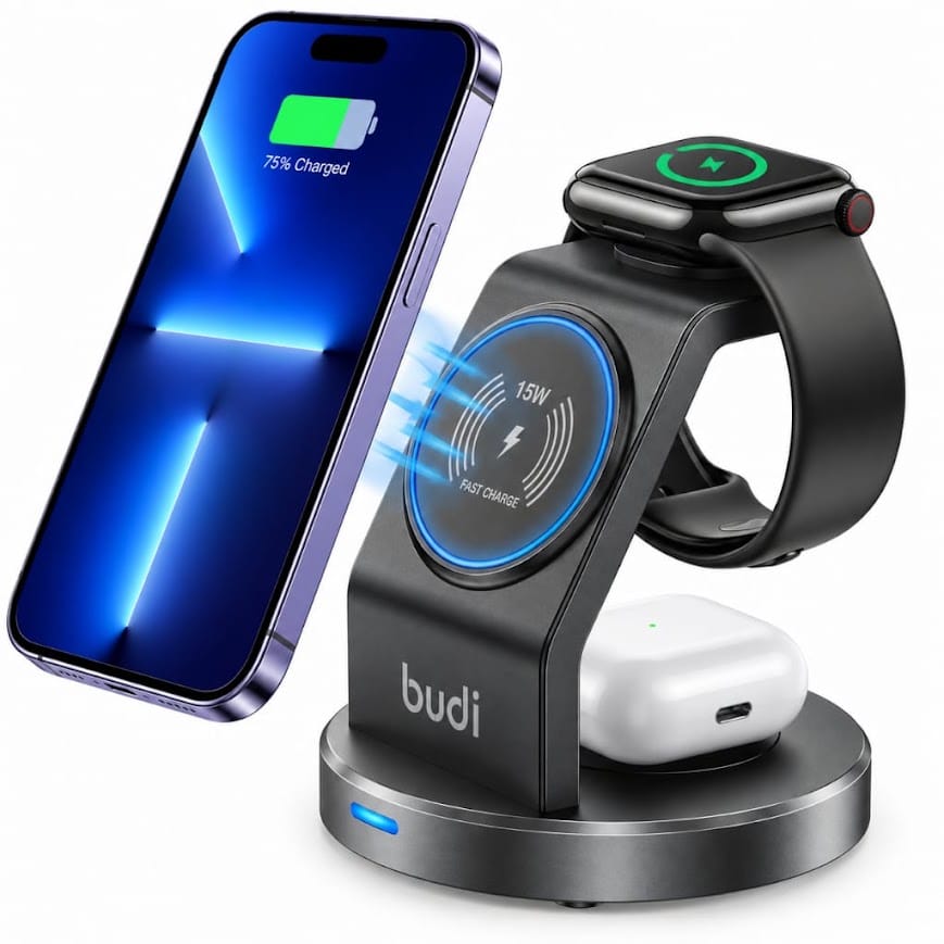 Budi WL4300B 3 Üniteli Masaüstü Kablosuz Hızlı Şarj Standı