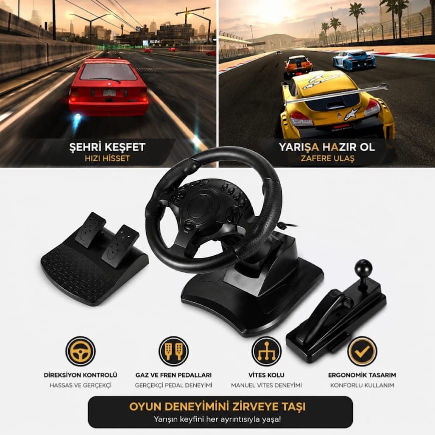 GLRTech NS-9877 7in1 Yüksek Hassasiyetli Oyun Direksiyon Seti