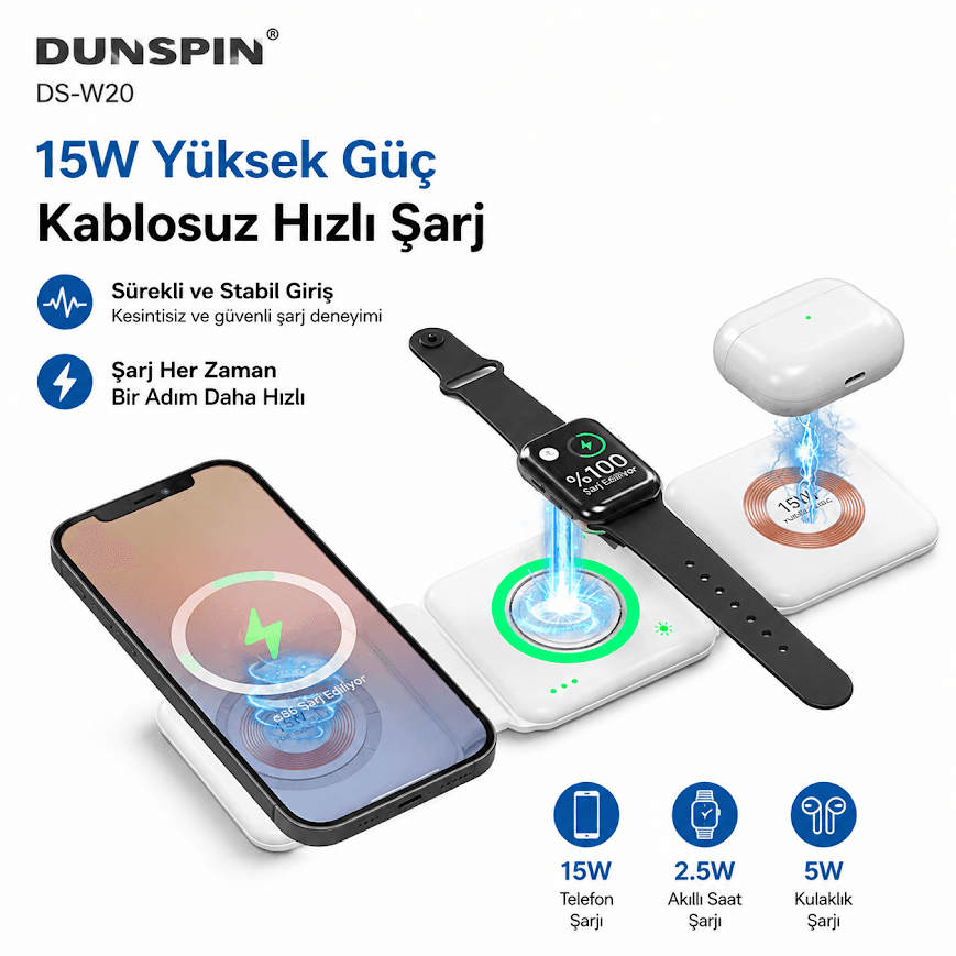 Dunspin DS-W20 15W 3 İstasyonlu Katlanabilir Kablosuz Şarj Standı