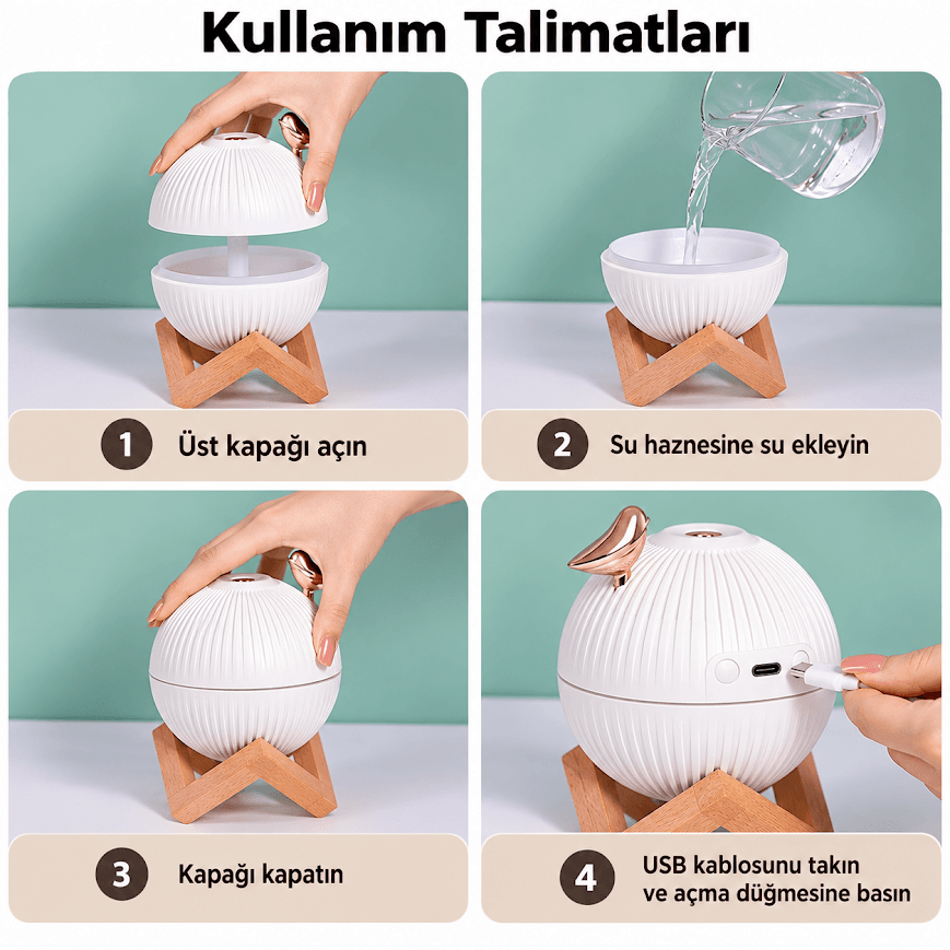 GLR K55 3 Renk Led Işıklı Kuşlu Küre Tasarımlı Aromaterapi Hava Nemlendirici