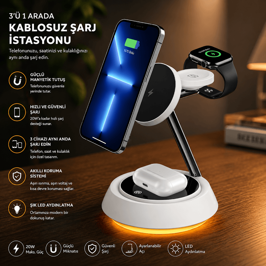 JORREZI JR-W102 Işıklı 3in1 Hızlı Şarj Özellikli Masaüstü Kablosuz Şarj Standı