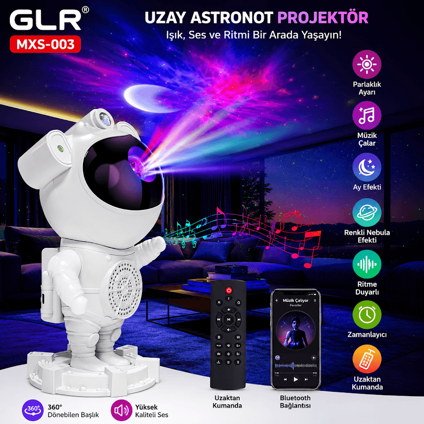 GLR MXS-003 Kumandalı Astronot Yıldız ve Galaksi Projeksiyonlu Lazer Gece Lambası