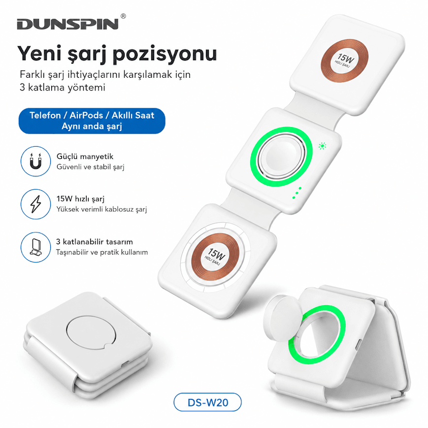 Dunspin DS-W20 15W 3 İstasyonlu Katlanabilir Kablosuz Şarj Standı
