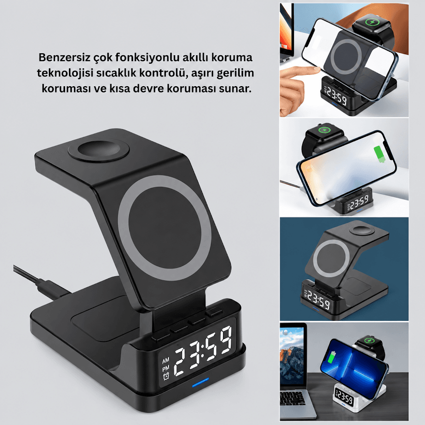 GLRTech AY-32 15W 3 Üniteli Dijital Saatli Masaüstü Kablosuz Şarj Standı
