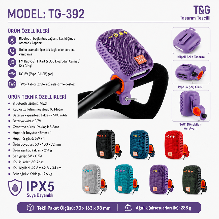 JRL TG-392 Suya Dayanıklı Taşınabilir Gidon Uyumlu Bluetooth Hoparlör