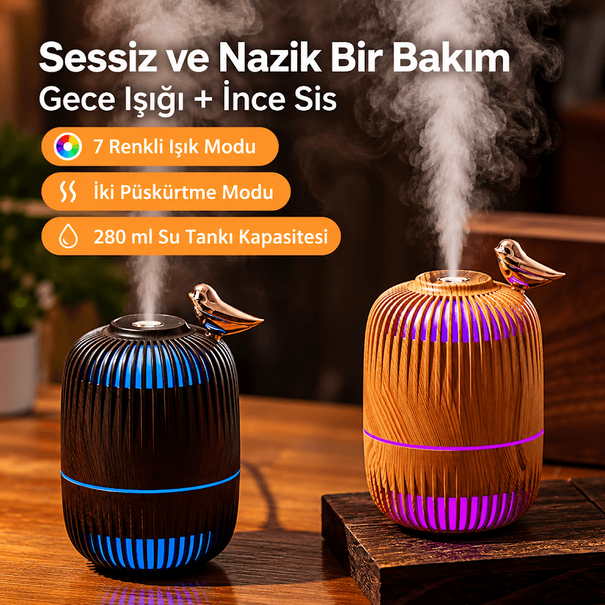 GLR K53 RGB Led Işıklı Kuşlu Tasarım Aromaterapi Hava Nemlendirici