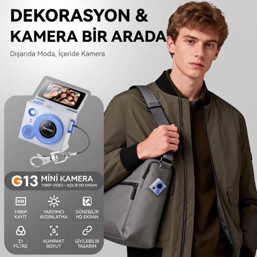 GLRTech G13 Pro Mini 180 Derece Dönebilen Ekranlı 1080P Full HD Retro Vlog Aksiyon Kamerası