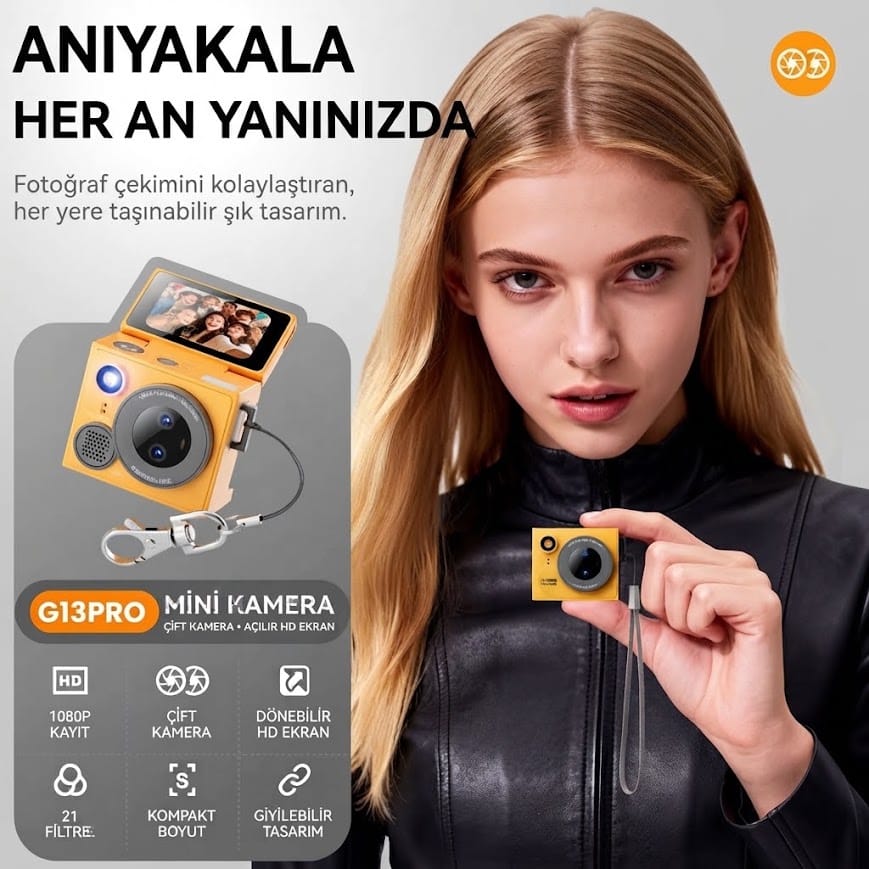 GLRTech G13 Pro Mini 180 Derece Dönebilen Ekranlı 1080P Full HD Retro Vlog Aksiyon Kamerası