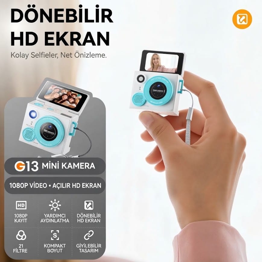 GLRTech G13 Pro Mini 180 Derece Dönebilen Ekranlı 1080P Full HD Retro Vlog Aksiyon Kamerası