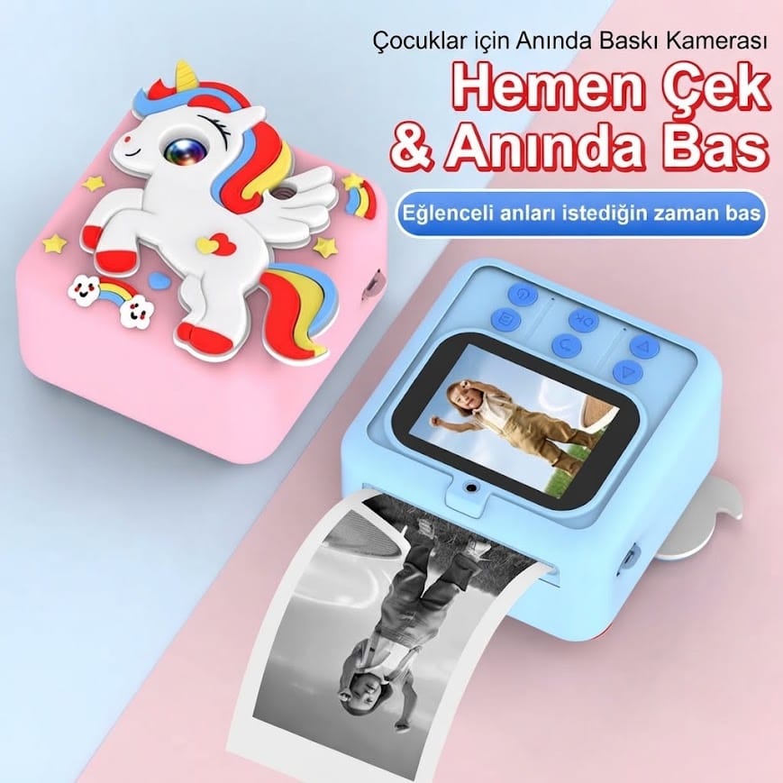 GLRTech S2 Ön Arka Lensli Anında Siyah Beyaz Termal Baskılı Çocuk Fotoğraf Makinesi