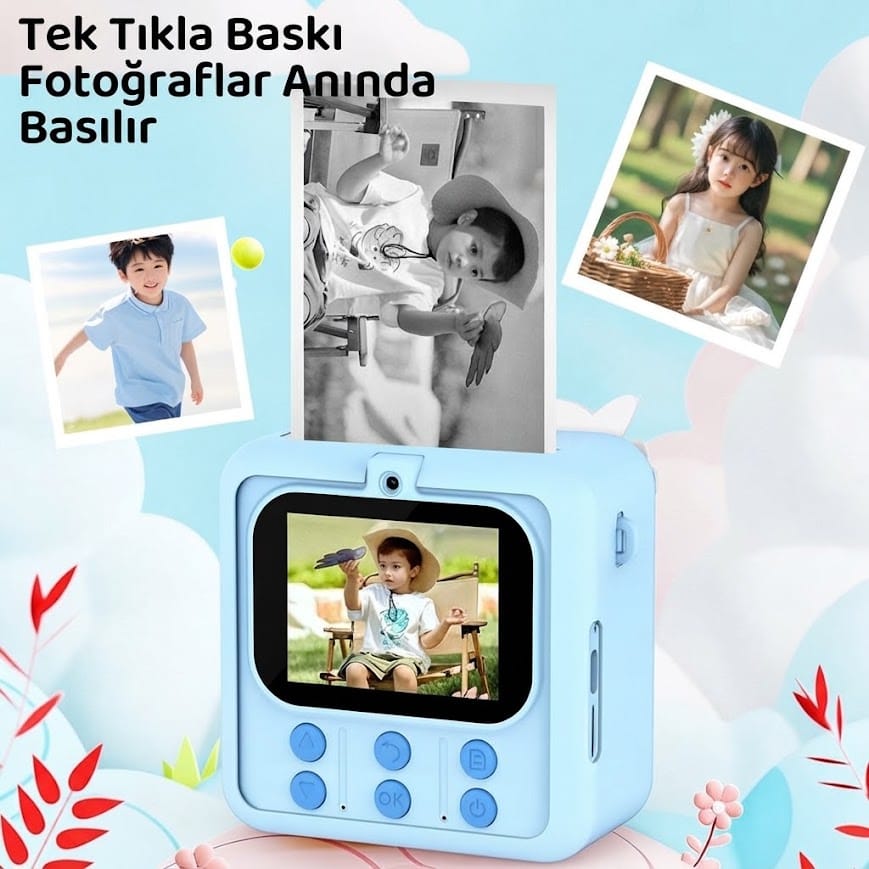 GLRTech M7 Ön Arka Lensli Anında Siyah Beyaz Termal Baskılı Çocuk Fotoğraf Makinesi